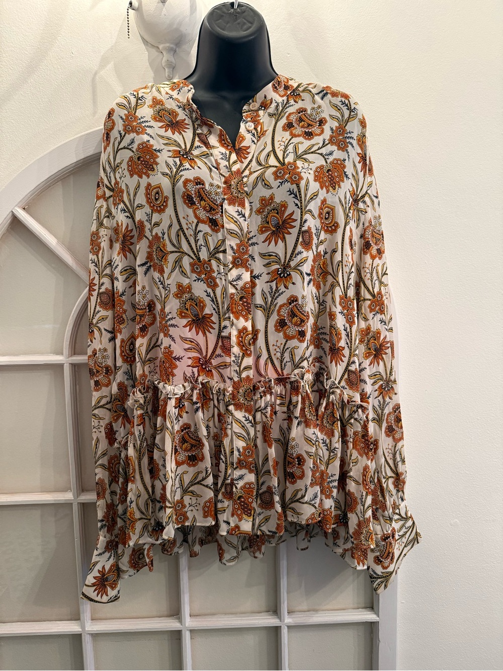 Derek Lam NY Size 16  Floral Peplum Blouse Rusty Orange and Cream Button Down